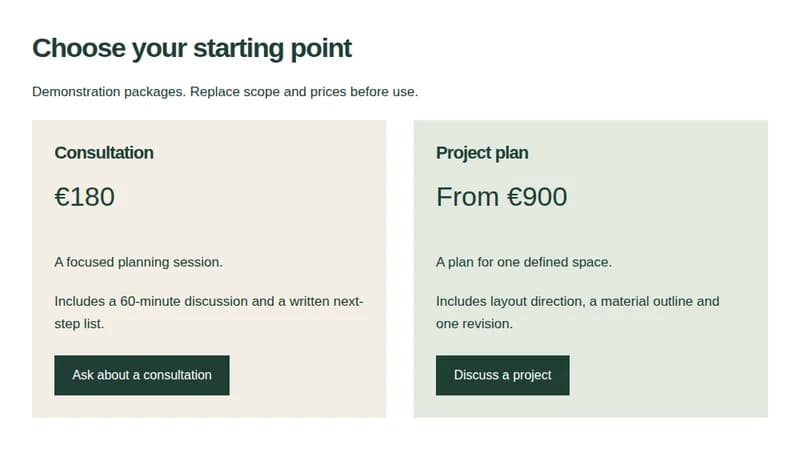 Preview of the pricing columns block layout