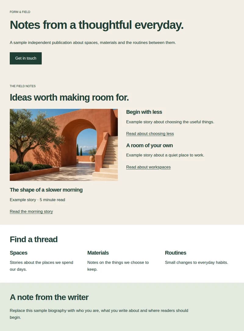 Preview of the personal blog homepage block layout