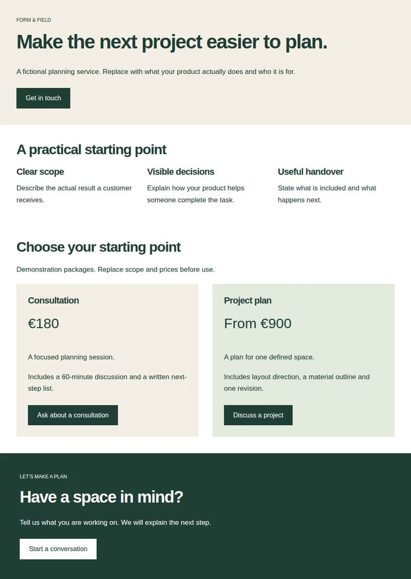 Preview of the product or service page block layout