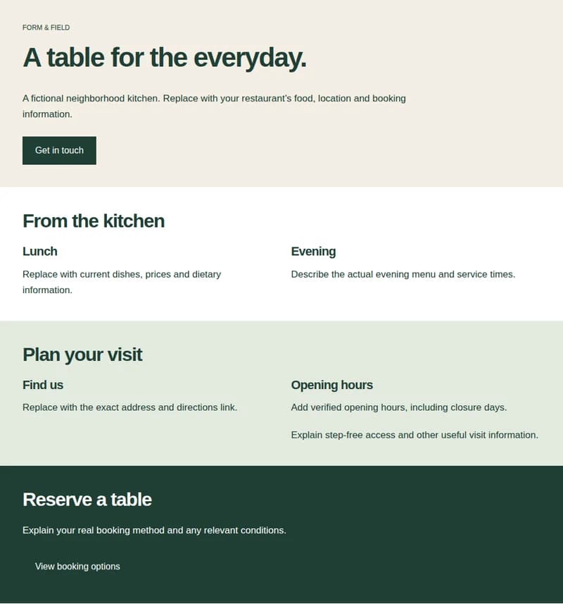 Preview of the restaurant homepage block layout